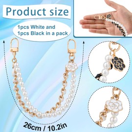 HINZIC 2pcs Pearl Purse Chain Straps, Gold Black Flower Handbag Charm Extender Replacement, 10inch Double Layer Cute Metal Shoulder Crossbody Bags Replacement Accessories for Women