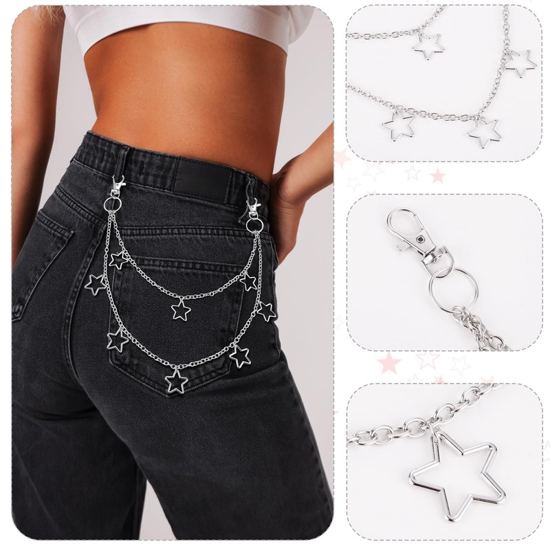IHFAIO Y2K Chain Belts for Women, Star Waist Chain, Silver