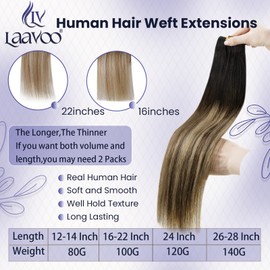 LaaVoo Real Hair Extensions Weft Blayage Black Hair Extensions Real Hair Extensions Weft Black Ombre Dark Brown and Light Blonde 30 cm Sew-in Extensions Real Hair Double Wefts 80 g #1b/4/27