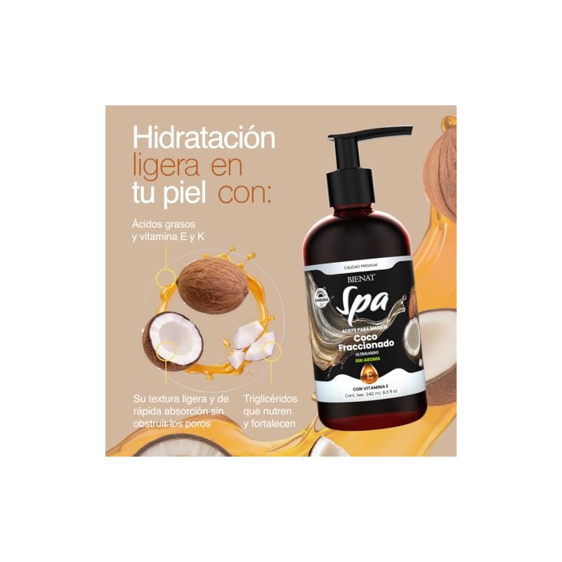 Bienat | Aceite Masaje Coco Fraccionado 240ml | Sin Aroma