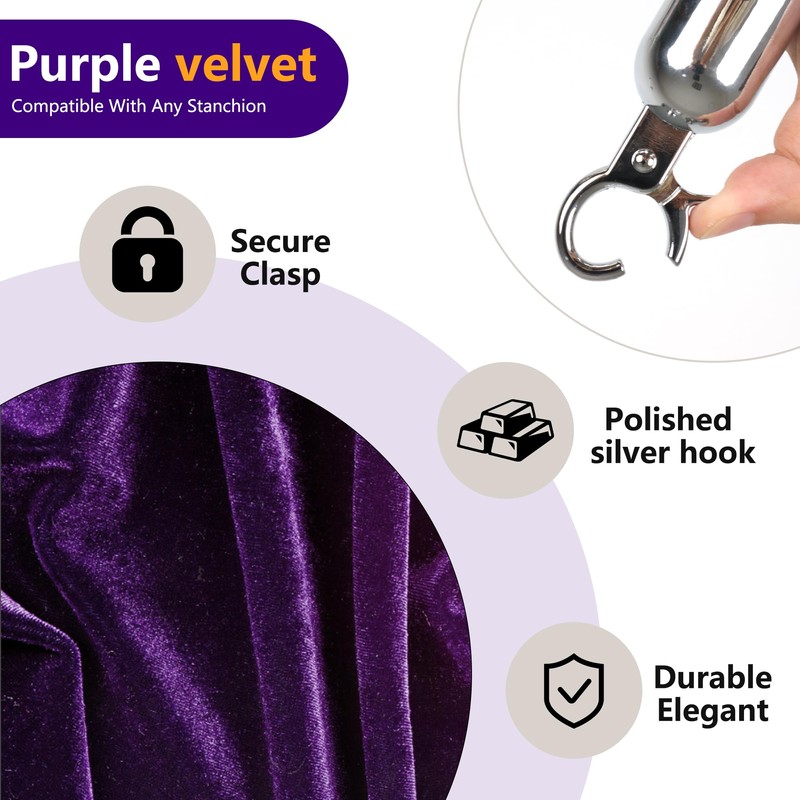 6.5 Feet Purple Velvet Hanging Ropes with Silver Polished Hooks