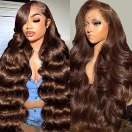Gureimi 34 Inch Chocolate Brown Lace Front Wig 13x6 HD Lace Front Wigs Human Hair Body Wave Brown Wig Human Hair 200 Density Pre Plucked Colored Lace Frontal Wigs Women