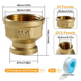Lyeteung G1 to G1/2 Brass Reducing Sleeve, Female Thread Fitting Brass Fittings, Brass Reducing Coupling Connector, with Plumbers Tape, for Pipe Connection