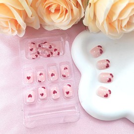 Valentine's Day Press on Nails Short Square Fake Nails with Polka Dots Design Red Heart Glue on Nails Press ons Light Pink Full Cover False Nails Glossy Valentines Stick on Nails for Women 24Pcs