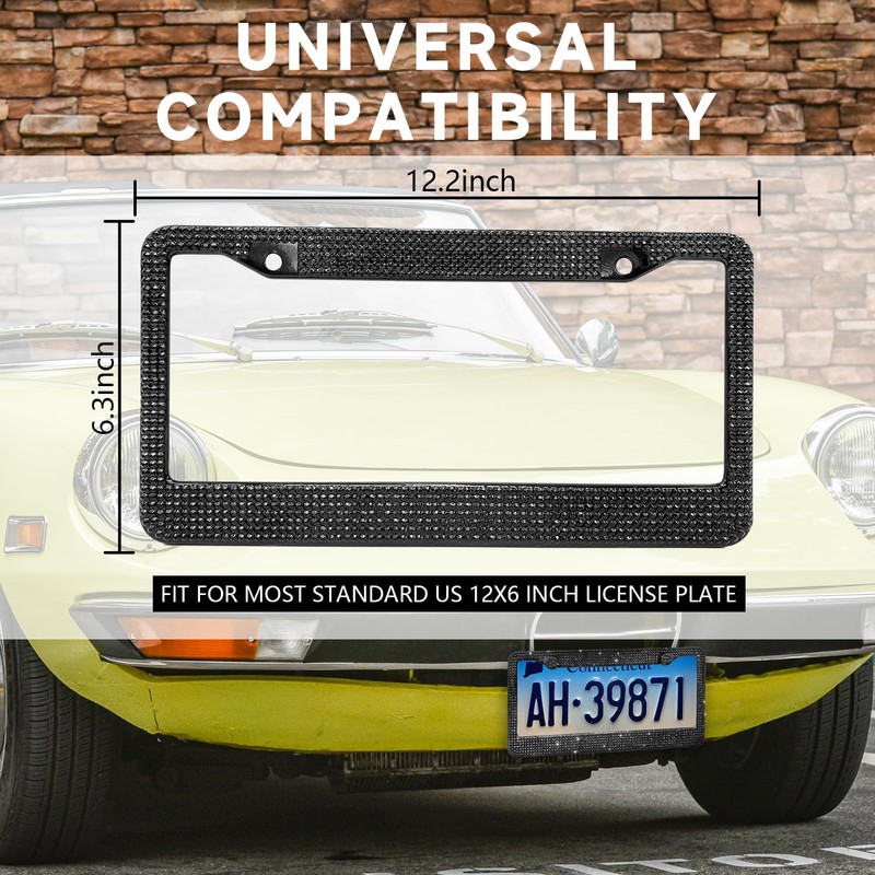 Black Bling License Plate Frames for Women, 2 Pack Stainless