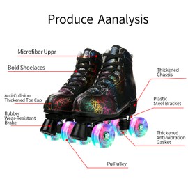 Roller Skates Classic High-top for Adult Outdoor Skating Light-Up Four-Wheel Roller Skates Shiny Roller Skates for Women (Lightning Black Flash Wheel,44)