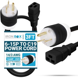 IronBox Electric - Heavy Duty 6-15P to C19 Power Cord - Rated for 15A/250V, 14/3 AWG SJT Jacket - Durable Power Cable for Servers, PDU, IT Equipment - Ideal for Data Centers & Offices (3 ft, Build)