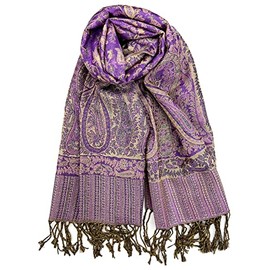Plum Feathers Metallic Tapestry Ethnic Paisley Pattern Pashmina Scarf Purple Gold Paisley