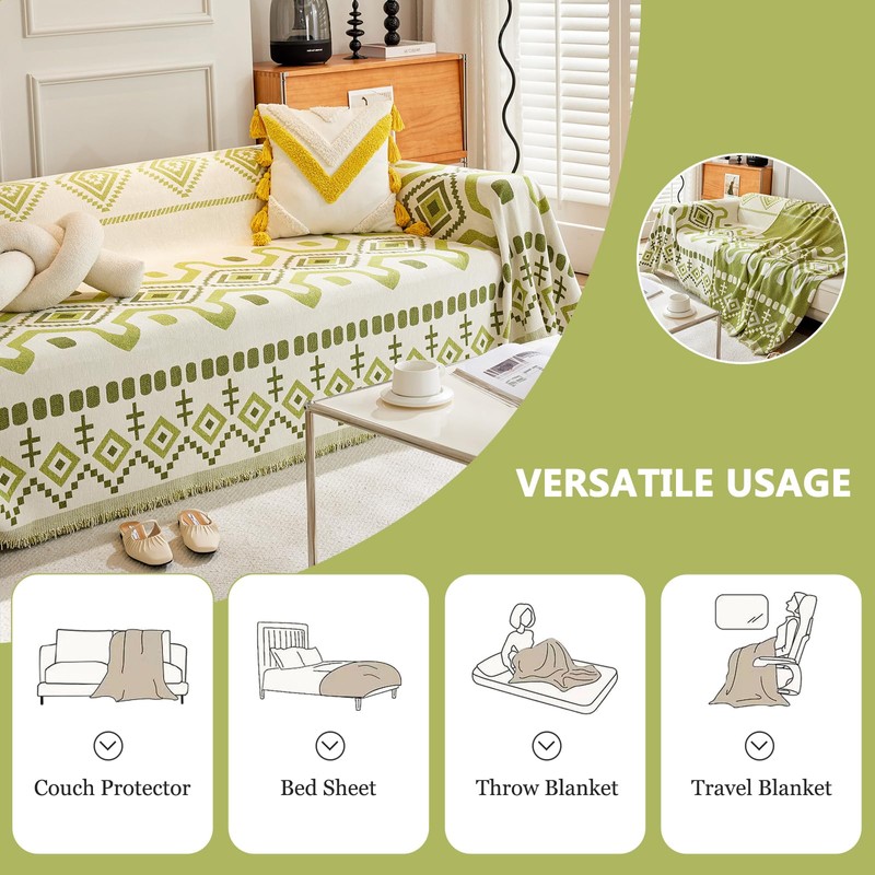 DREAMINGO Green Geometric Couch Cover Reverisble Chenille Sofa Cover Blanket