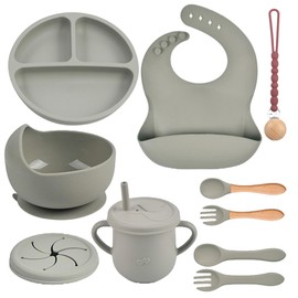 Silicone Baby Feeding Set 12 Pcs | Baby Led Weaning Supplies | Baby Spoons Suction Bowl Divided Plate Bib Cup | First Stage Solid Food Eating Utensils - 6+ Months (Grey)
