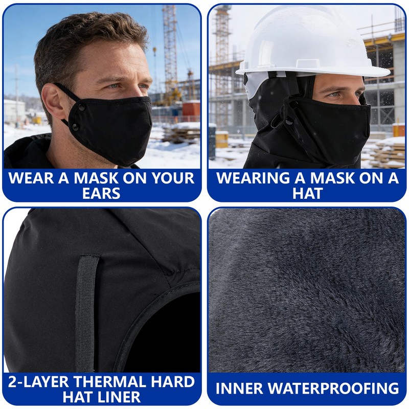 Winter Hard Hat Liner with Removable Mask, Waterproof Warm Hardhat