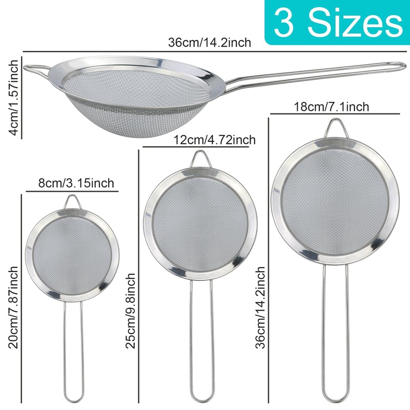 3 Pcs Small Stainless Steel Fine Mesh Strainers with Kitchen