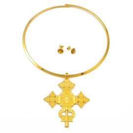 N-Made Beautifull Ethiopian Cross Jewelry for Women - Ethiopian Jewelry for Women Set - Big Size Pendant Chokers Collar and 1Cm Small Earrings Etiopian Jewelry Sets Eritrean African