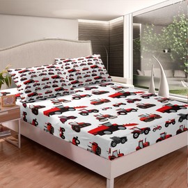 Erosebridal Red Tractor Bed Sheet Full Size Heavy Equipment Truck Bedding Set Kids Boys Girls Teens Harvester Tractor Fitted Sheet Construction Excavator Farm Equipment Bed Sheet