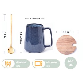 Large Ceramics Coffee Mugs,24 OZ,With Spoon And Wooden Lid,For Coffee,Tea,Cocoa,Large Handle Design,Microwave And Dishwasher Safe(Color:24 oz blue set)