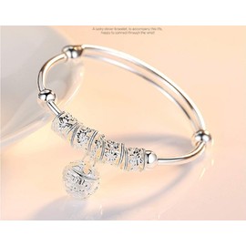 DUANMEINAD Women's S990 Sterling Silver Beads Bangle Transfer Lucky Beads Bracelet Cuff Open Design Silver Bells Palace Bell Bracelet