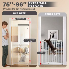 SLSY 75"-96" Height Extra Tall Cat Gate No Drilling Double Pet Door for Doorways