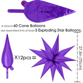 60 Pcs Explosion Star Balloons, Foil Cone Mylar Starburst Balloons, Point Star Balloons Party Decoration Supplies for Birthday Wedding Christmas Anniversary Backdrop (Purple)