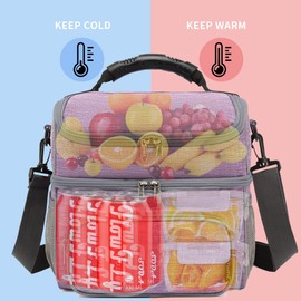 FlowFly Double Layer Cooler Insulated Lunch Bag Adult Lunch Box Large Tote Bag for Men, Women, With Adjustable Strap,Front Pocket and Dual Large Mesh Side Pockets,Purple