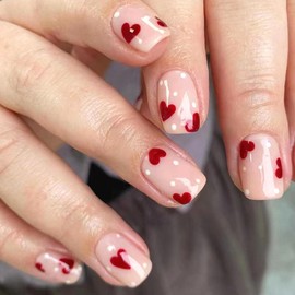 Valentine's Day Press on Nails Short Square Fake Nails with Polka Dots Design Red Heart Glue on Nails Press ons Light Pink Full Cover False Nails Glossy Valentines Stick on Nails for Women 24Pcs