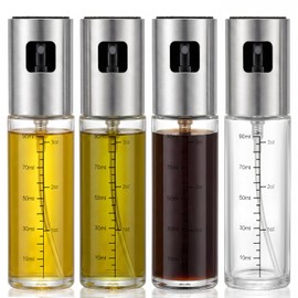 4 Pack 100ml Glass Olive Oil Sprayer with Scale & 4 Label Stickers, Refillable Fine Mist Oil Dispenser for Air Fryer, Salad, Baking, Grilling, Frying
