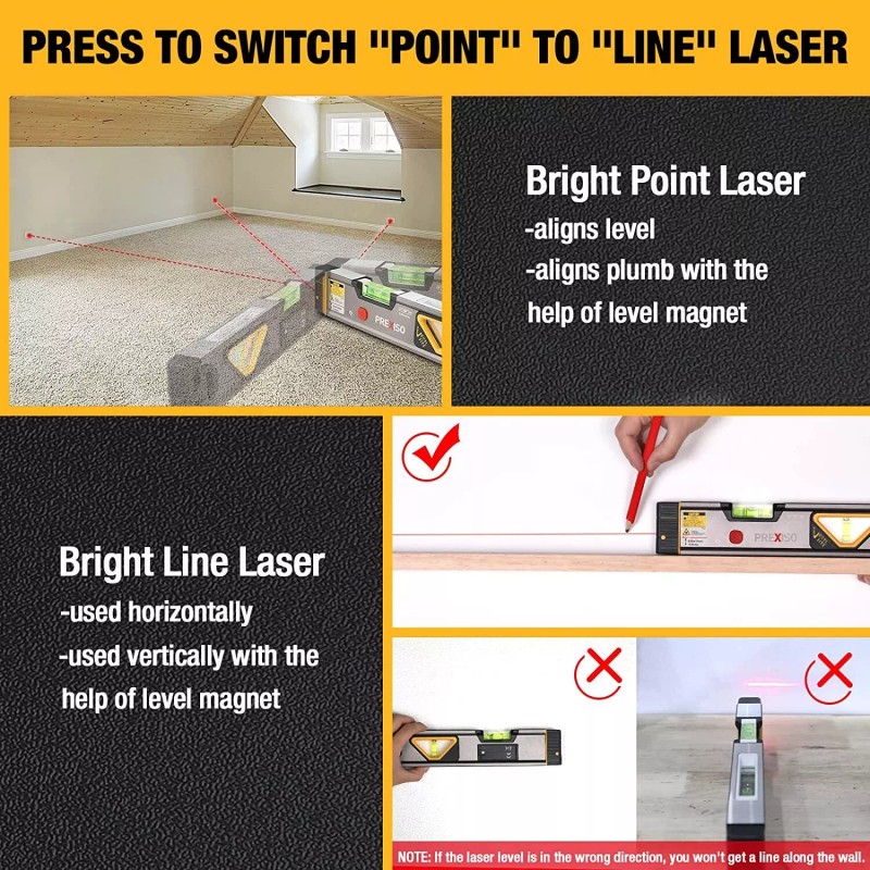 PREXISO 2-in-1 Laser Level Spirit Level Light Alignment Point&30Ft Leveling