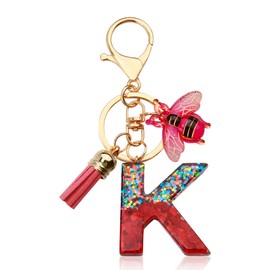 ORUZA Alphabet Initial Letter Keychain, Rose Sequin Initial Letter Keyring with Bees Tassel Pendant Resin Alphabet Key Ring for Women Wallet Purses (K)