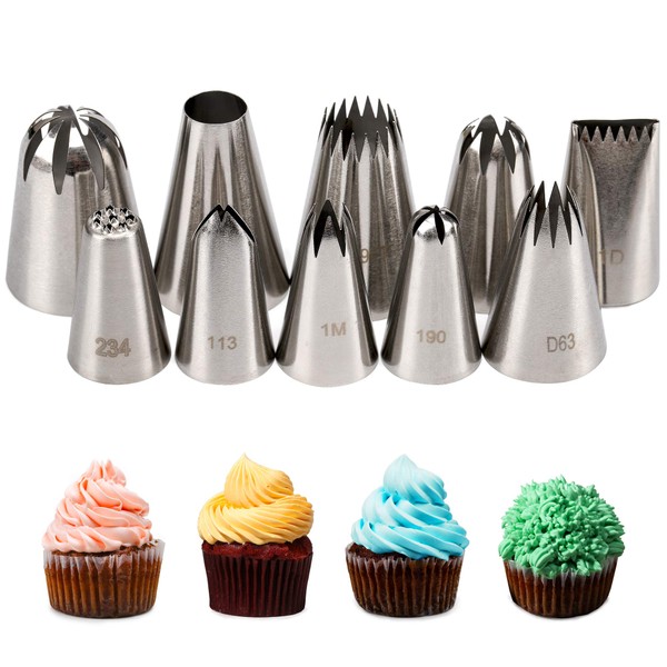 Kayaso Cake Decorating Icing Piping Tip Set, 10 X-large Decorating Tips Stainless Steel Plus 20 Disposable Pastry Bags