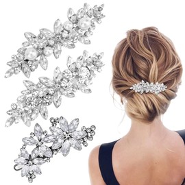 YAYNO 3 Stück Strass Haarspangen Silberne Hochzeits-Haarnadeln Kristallperle Haarspangen Blume Hochzeit Kopfbedeckung Kristall Blume Haarspange Haarschmuck Hochzeit für Bräute Brautjungfern Mädchen