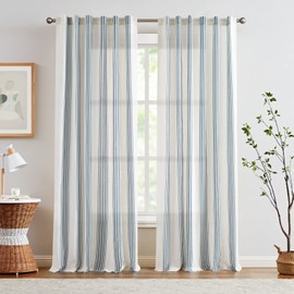 jinchan Striped Linen Blend Curtains 108 Inches Long for Living Room Blue Stripe Curtains Semi Sheer Curtains Light Filtering Modern Farmhouse Coastal Drapes Bedroom Curtain Set 2 Panels