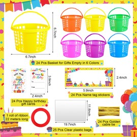 Patelai 24 Set Baskets for Gifts Empty Plastic Birthday Gift Baskets with Handles Greeting Cards Border Sticker Plastic Bags Ribbon for Birthday Party Back to School Classroom Home Storage Supplies