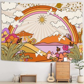 YISUMEI Vintage Groovy Tapestry, Retro Flowers Clouds Sun and Rainbow Tapestry Wall Hanging, Orange Boho Hippie Psychedelic Tapestry for Bedroom Living Room Dorm Decor(M/130x150cm/51x60inch)