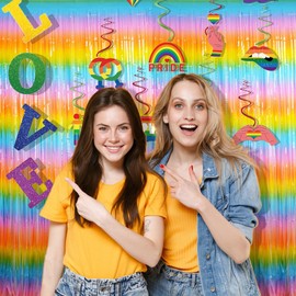 Rainbow Pastel Tinsel Foil Fringe Curtain Decorations - 2Pcs 3.2x8.2ft BRAVESHINE Metallic Photo Booth Props Colorful Party Backdrop for Birthday Unicorn Fiesta Princess Baby Shower Pride Party Decor