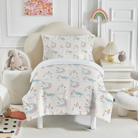 DJDEA Cot Bed Duvet Cover Set 120x150cm, Cute Unicorn Toddler Bedding Set Rich Unicorn Patterns Design Pale Apricot Soft Microfiber Quilt Cover Matching Pillowcase 40x60cm