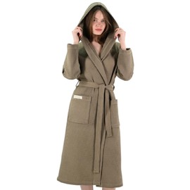 PandaHome Linden & Green Bathrobe with Hood, 100% Cotton Waffle Fabric, Travel Bathrobe for Men and Women, Soft, Absorbent and Lightweight Spa Bathrobe, olive green, L