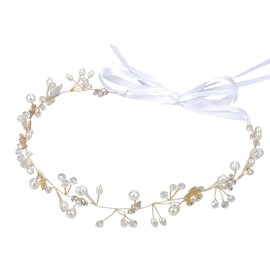 CABODYALS Weiße Blumenperlen Haarkrone Goldene Perlen Ranken Kopfbedeckung Vintage Boho Feenperlen Stirnband Kristall Brautschmuck Stirnbänder Für Frauen Hochzeitshaar Kleider Party Geburtstag Zubehör