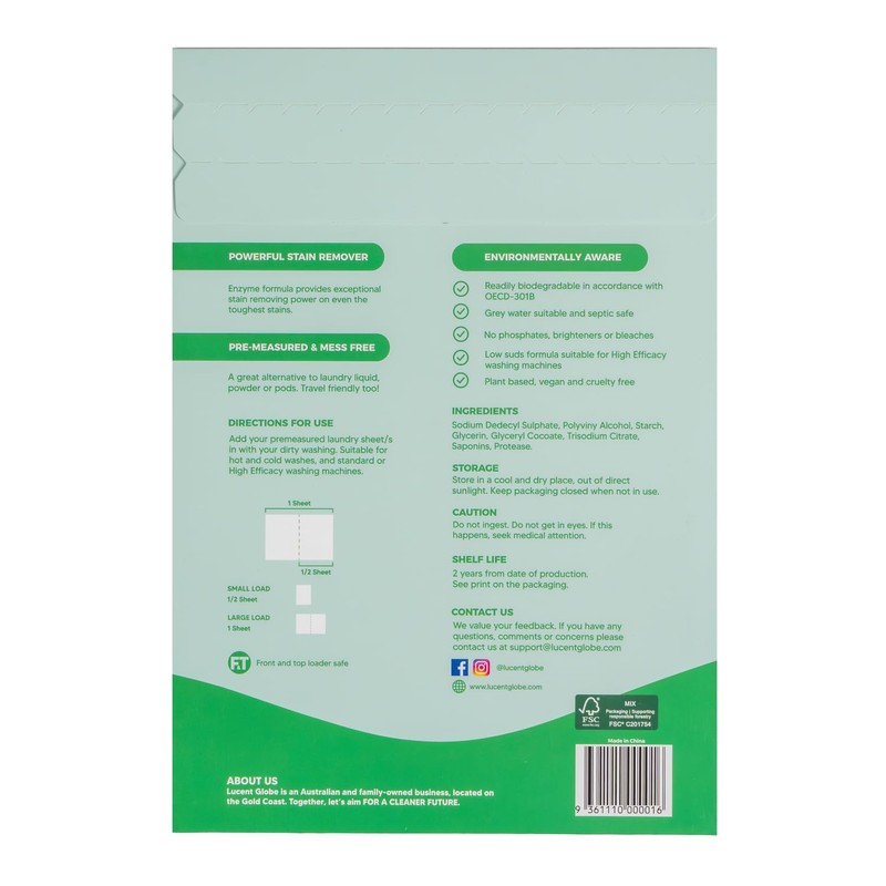 Lucent Globe Sensitive Fragrance Free Laundry Detergent Sheets, 64 Washes,