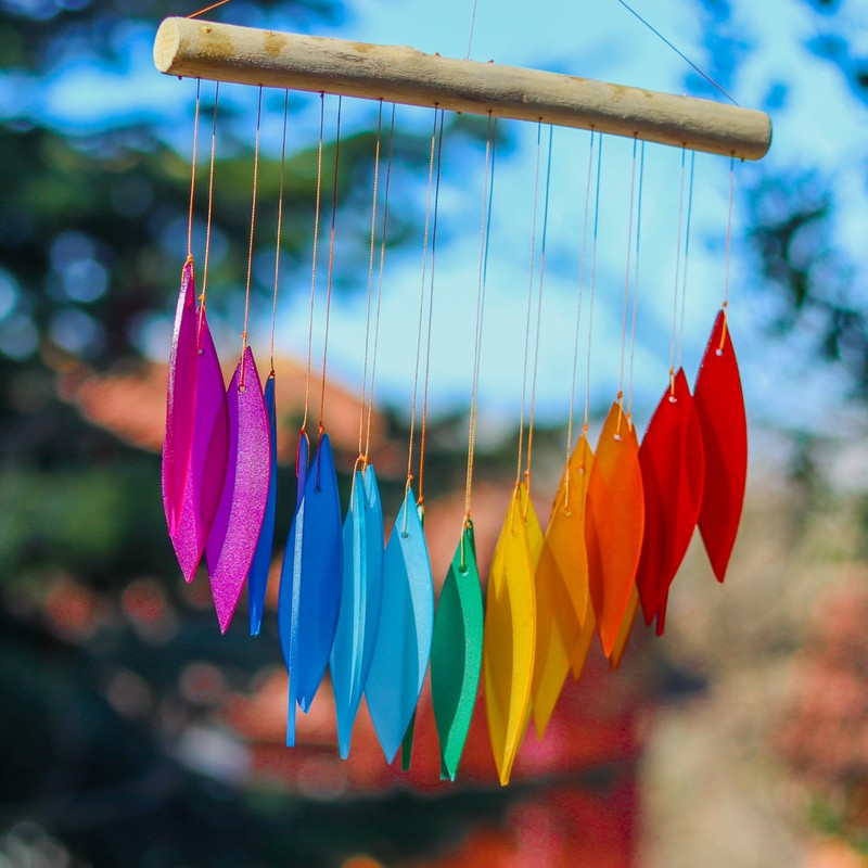 Rainbow Glass Wind Chime Recycled Glass and Bamboo Driftwood Garden