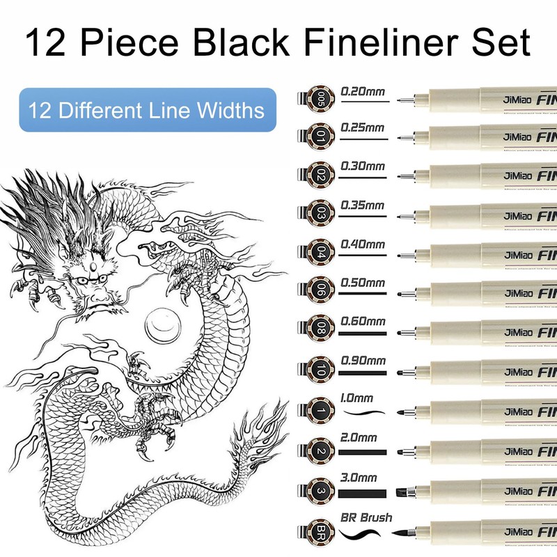 Neoreser Fineliner Set of 12 Black Ink Pens with 12