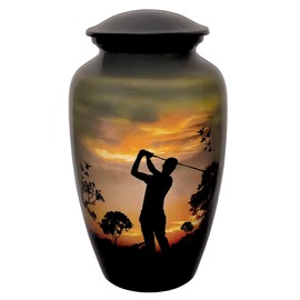 Akanksha Arts Cremation Urn, Burial Urns. Lovely Golfer Golf Design. Large Size 26 cms high, with Velvet Bag