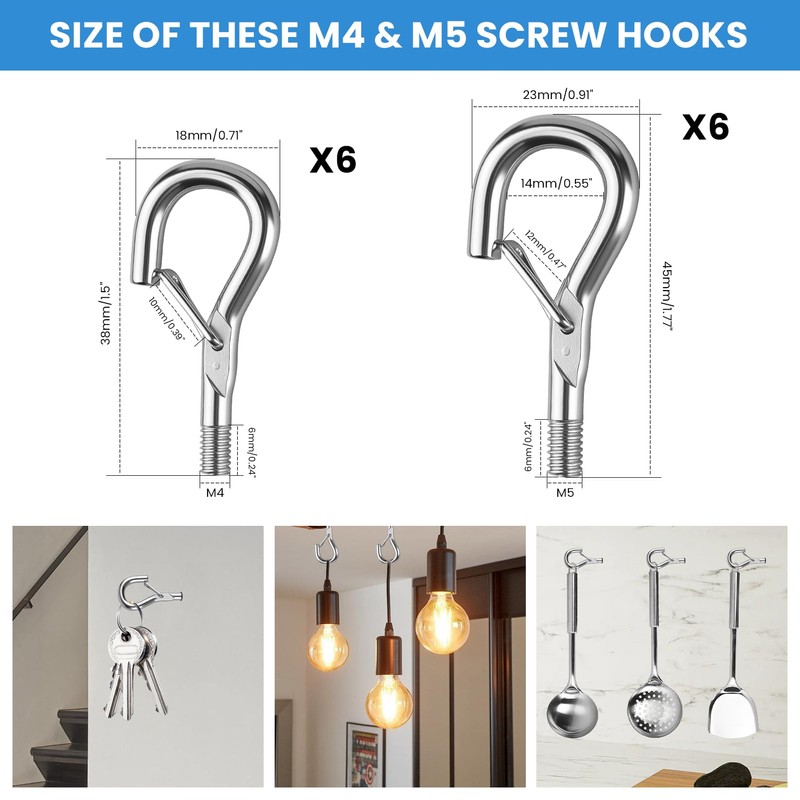 Pack of 12 Screw Hooks Thread M4 & M5 Hook