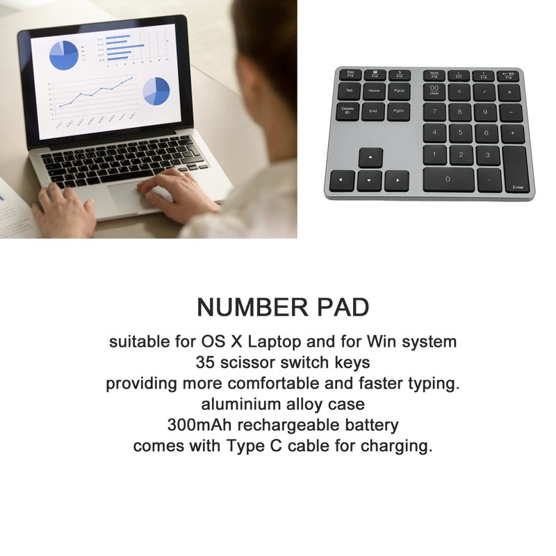 Wireless Number Pad 35 Keys Scissor Switch BT5.0 Aluminium Alloy