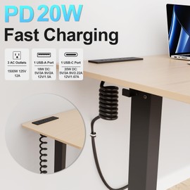 Drawer Outlet Kit, Recessed Furniture Power Strip, PD 20W Fast Charging Horizontal Outlet, Clutter-Free Drawer Socket with 2 USB(A & C) and 3 12 Amp AC Ports, 7.2 FT Power Cord, Spring Cable