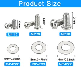 ZACUDA 24 Pieces M4/M6/M8 Phillips Screws and Washers Stainless Steel Round Head Screws Set Universal TV Stainless Steel Screws Machine Screws for TV and Monitor Bracket Fixing