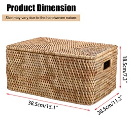 Hipiwe Rattan Basket With Lid Rectangular Lidded Basket Natural Hand-Woven Wicker Storage Basket Bin for Shelf Organizing Picnic Food Bread Table Storage Basket, 15.1 x 11.2 x 7.3 inch