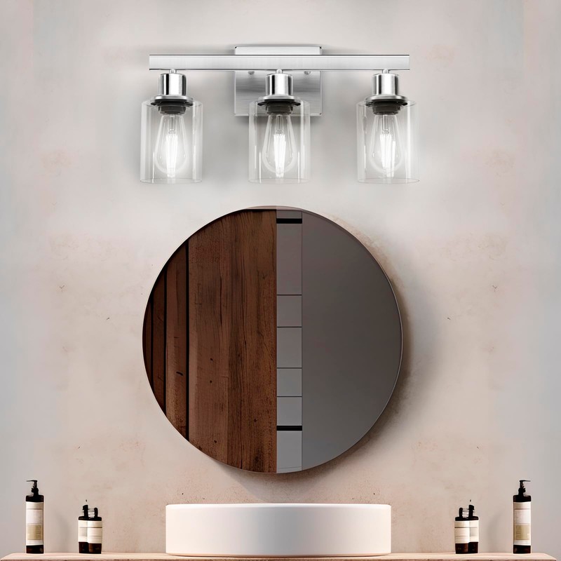 DIKAIDA 3-Light Bathroom Light Fixtures, Nickel Bathroom Vanity Light with