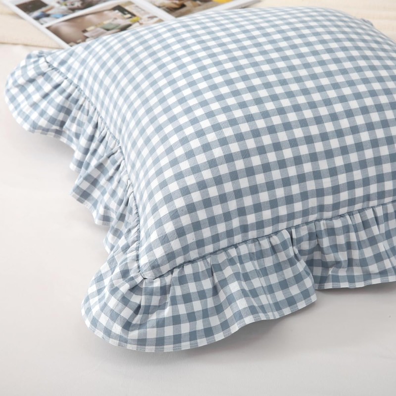 Silnuo Light Blue Plaid Ruffle Throw Pillow Covers Set of