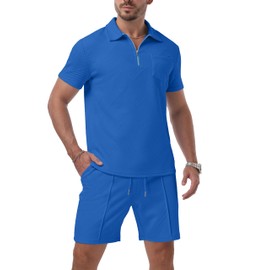QIXING Mens Shorts and T shirt Sets Polo Colloar Mens Summer 2 Piece Holiday Clothes Co ord Shorts Set with half Zip Tracksuit (Royal Blue, L)