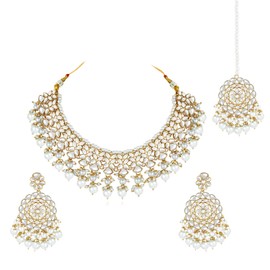 Aheli Gold Plated Kundan & White Beads Studded Choker Necklace Dangle Earrings & Maangtikka Set Ethnic Jewellery Gift for Women