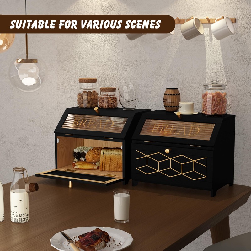 HOLTICO Double Layer Bread Box With Golden Trim for Countertop,